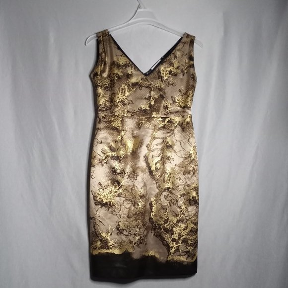 Tahari Women's Dress Gold/Brown Metallic Floral Sleeveless Sheath Knee Length 12 - Picture 2 of 10